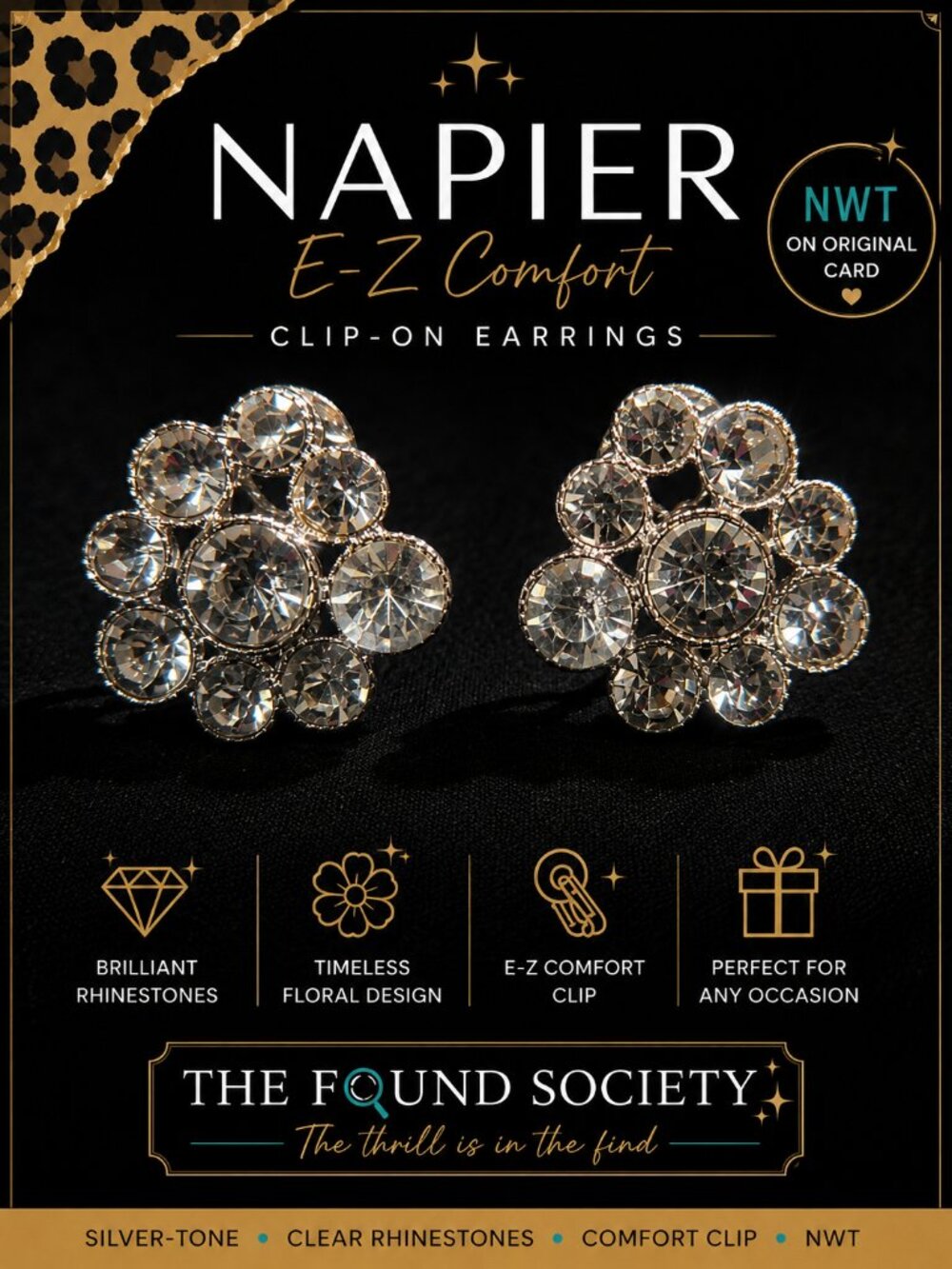 NWT Napier Silver Tone Crystal Flower Clip-On Earrings – E-Z Comfort Clip
